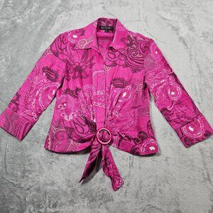 Lafayette 148 Top Womens 6 Pink Purple Linen Paisley Tie Front Boho Blouse